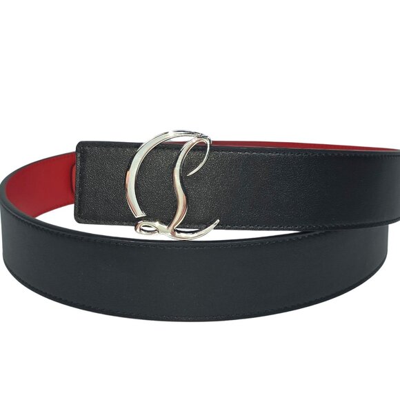 Christian Louboutin CL Logo Belt 40mm Black Calfskin Red Lining Silver Buckle - Picture 2 of 7